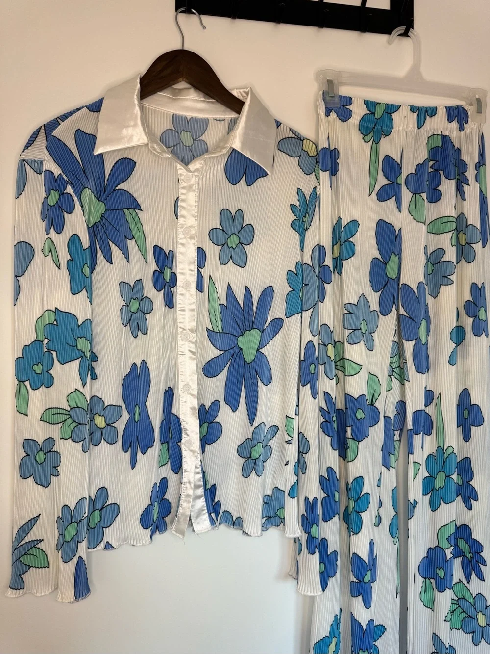 Retro Blue Floral Pleated Blouse Skirt Matching Set Festival Boho Hippie Groovy